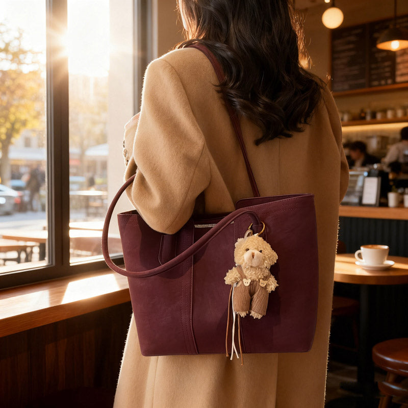 A shoulder bag exudes elegance.